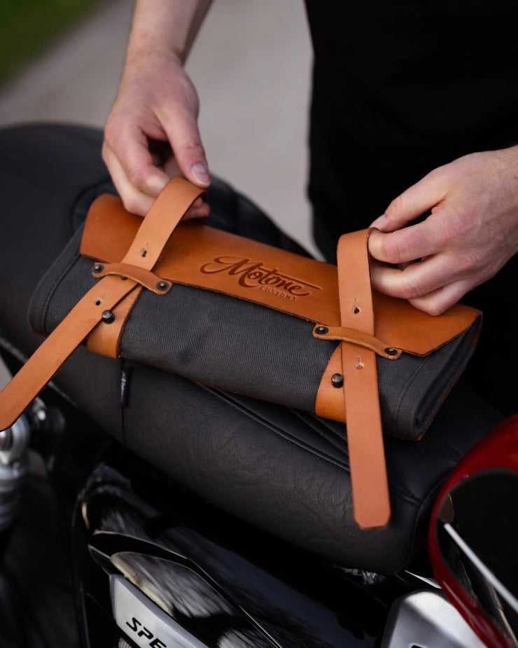 MOTONE "THE SCOUT" LEATHER & WAXED CANVAS TOOL ROLL FULLY LOADED INCL. TOOLS