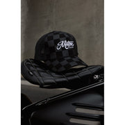 MOTONE BIG CHECK TRUCKER CAP - CURVED PEAK - BLACK & GREY CHECKS - WHITE LOGO