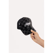 MOTONE BIG CHECK TRUCKER CAP - CURVED PEAK - BLACK & GREY CHECKS - WHITE LOGO