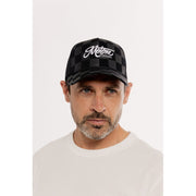 MOTONE BIG CHECK TRUCKER CAP - CURVED PEAK - BLACK & GREY CHECKS - WHITE LOGO