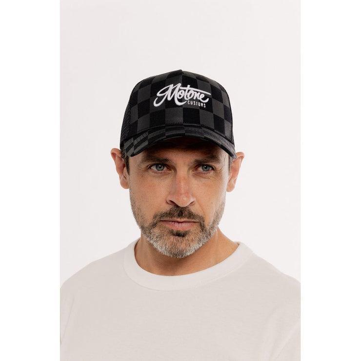 MOTONE BIG CHECK TRUCKER CAP - CURVED PEAK - BLACK & GREY CHECKS - WHITE LOGO