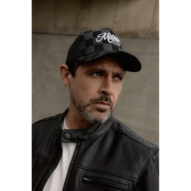 MOTONE BIG CHECK TRUCKER CAP - CURVED PEAK - BLACK & GREY CHECKS - WHITE LOGO