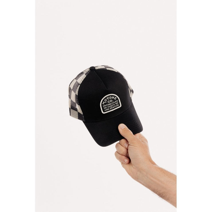 MOTONE BUFFALOW TRUCKER CAP - CURVED PEAK - BLACK 5-PANEL - BUFFALO CHECK REAR MESH