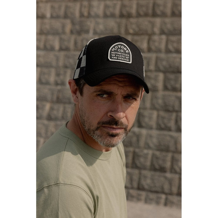 MOTONE BUFFALOW TRUCKER CAP - CURVED PEAK - BLACK 5-PANEL - BUFFALO CHECK REAR MESH