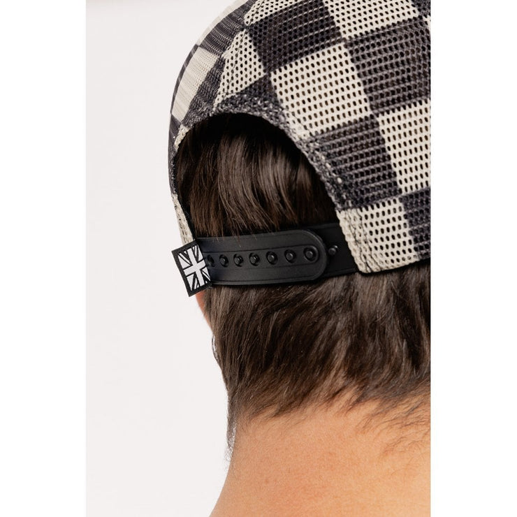 MOTONE BUFFALOW TRUCKER CAP - CURVED PEAK - BLACK 5-PANEL - BUFFALO CHECK REAR MESH