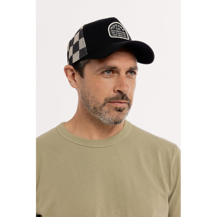 MOTONE BUFFALOW TRUCKER CAP - CURVED PEAK - BLACK 5-PANEL - BUFFALO CHECK REAR MESH
