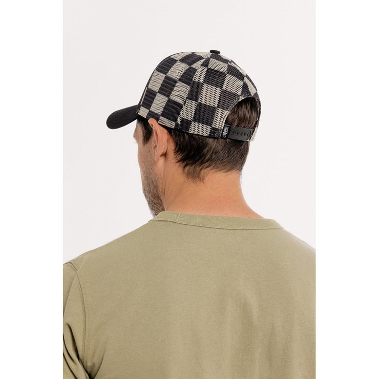 MOTONE BUFFALOW TRUCKER CAP - CURVED PEAK - BLACK 5-PANEL - BUFFALO CHECK REAR MESH