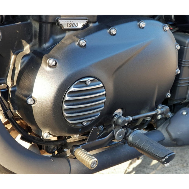 MOTONE CLUTCH (LHS) COVER/BADGE - RIBBED - BLACK/POLISH CONTRAST FINISH