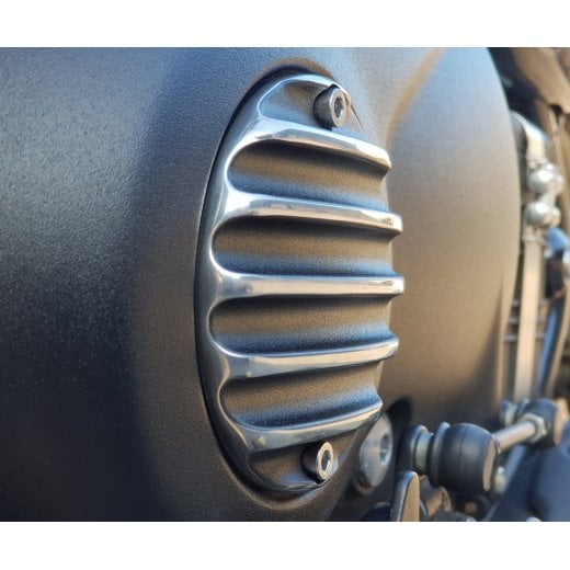 MOTONE CLUTCH (LHS) COVER/BADGE - RIBBED - BLACK/POLISH CONTRAST FINISH
