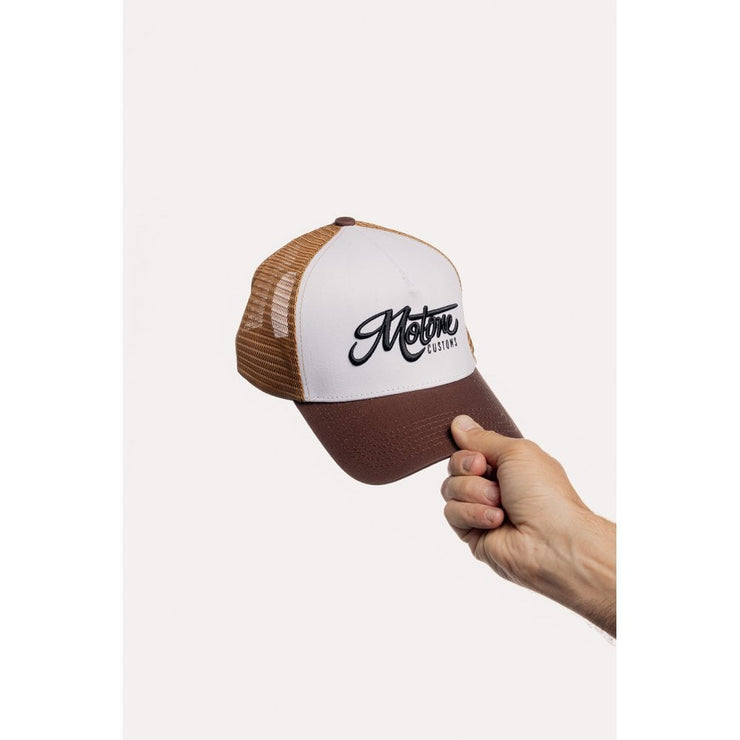 MOTONE CREME BRULEE TRUCKER CAP - CURVED PEAK - WHITE COTTON PANEL/BROWN MESH - BLACK LOGO