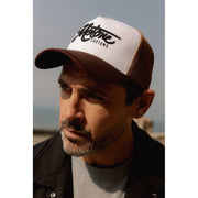 MOTONE CREME BRULEE TRUCKER CAP - CURVED PEAK - WHITE COTTON PANEL/BROWN MESH - BLACK LOGO