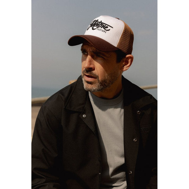 MOTONE CREME BRULEE TRUCKER CAP - CURVED PEAK - WHITE COTTON PANEL/BROWN MESH - BLACK LOGO