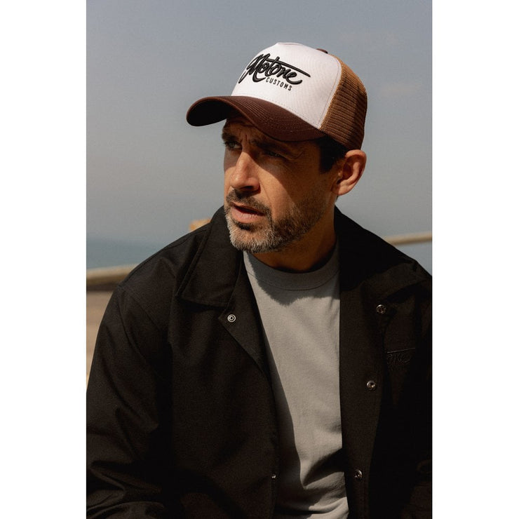 MOTONE CREME BRULEE TRUCKER CAP - CURVED PEAK - WHITE COTTON PANEL/BROWN MESH - BLACK LOGO