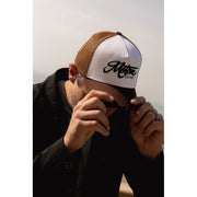 MOTONE CREME BRULEE TRUCKER CAP - CURVED PEAK - WHITE COTTON PANEL/BROWN MESH - BLACK LOGO