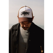 MOTONE CREME BRULEE TRUCKER CAP - CURVED PEAK - WHITE COTTON PANEL/BROWN MESH - BLACK LOGO