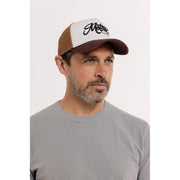 MOTONE CREME BRULEE TRUCKER CAP - CURVED PEAK - WHITE COTTON PANEL/BROWN MESH - BLACK LOGO
