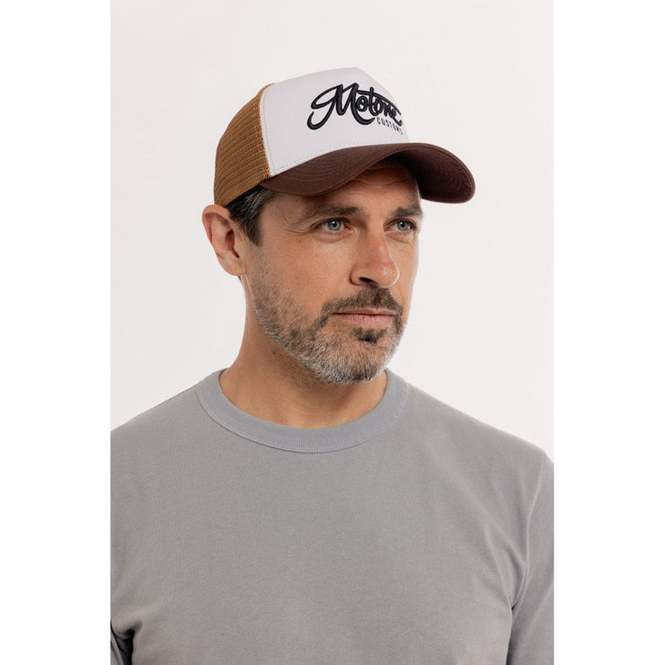 MOTONE CREME BRULEE TRUCKER CAP - CURVED PEAK - WHITE COTTON PANEL/BROWN MESH - BLACK LOGO