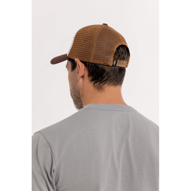 MOTONE CREME BRULEE TRUCKER CAP - CURVED PEAK - WHITE COTTON PANEL/BROWN MESH - BLACK LOGO