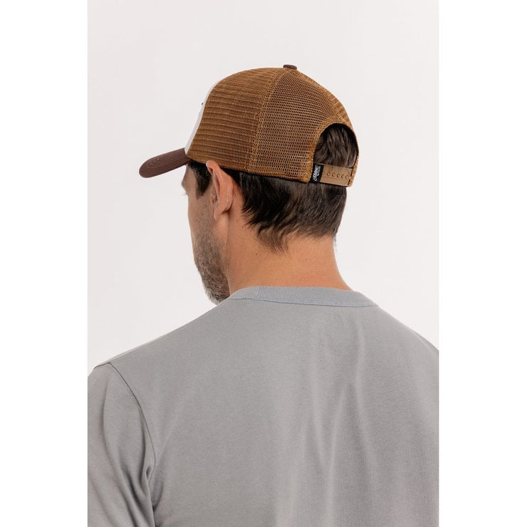 MOTONE CREME BRULEE TRUCKER CAP - CURVED PEAK - WHITE COTTON PANEL/BROWN MESH - BLACK LOGO