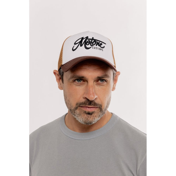 MOTONE CREME BRULEE TRUCKER CAP - CURVED PEAK - WHITE COTTON PANEL/BROWN MESH - BLACK LOGO
