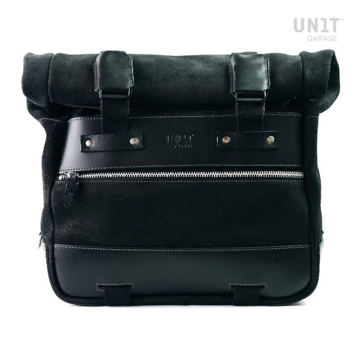 UNIT GARAGE CULT SIDE PANNIER IN WAXED SUEDE W/ ALUMINUM BACK PLATE + STAINLESS STEEL QRS & LOCK + RT SUBFRAME NINET FOR ATLAS PANNIER