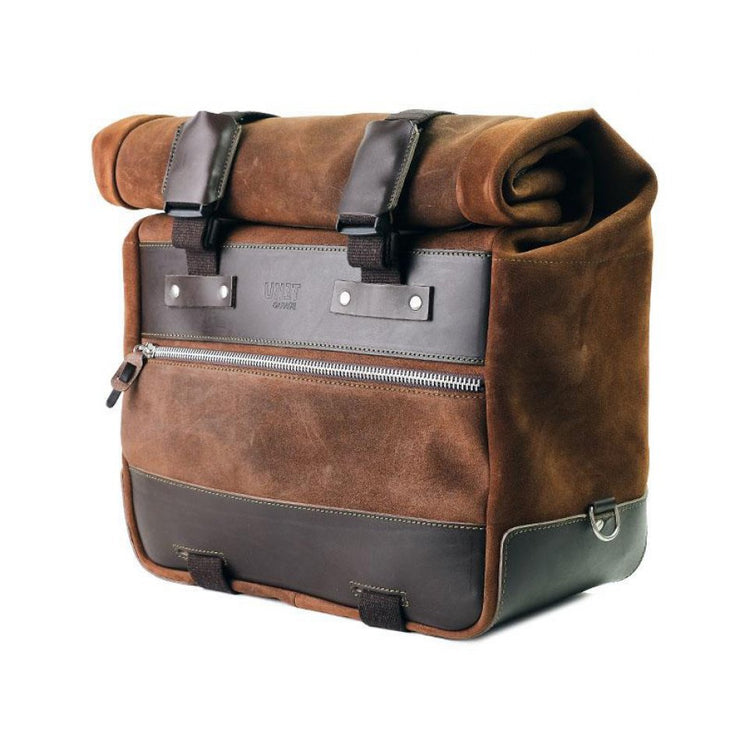 UNIT GARAGE CULT SIDE PANNIER IN WAXED SUEDE W/ ALUMINUM BACK PLATE + STAINLESS STEEL QRS & LOCK + RT SUBFRAME NINET FOR ATLAS PANNIER