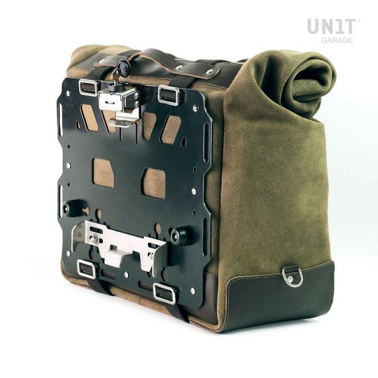 UNIT GARAGE CULT SIDE PANNIER IN WAXED SUEDE W/ ALUMINUM BACK PLATE + STAINLESS STEEL QRS & LOCK + RT SUBFRAME NINET FOR ATLAS PANNIER