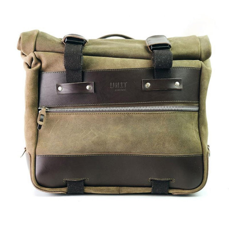UNIT GARAGE CULT SIDE PANNIER IN WAXED SUEDE W/ ALUMINUM BACK PLATE + STAINLESS STEEL QRS & LOCK + RT SUBFRAME NINET FOR ATLAS PANNIER