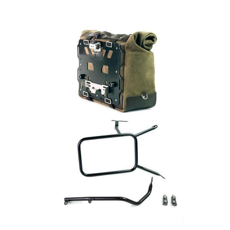 UNIT GARAGE CULT SIDE PANNIER IN WAXED SUEDE W/ ALUMINUM BACK PLATE + STAINLESS STEEL QRS & LOCK + RT SUBFRAME NINET FOR ATLAS PANNIER