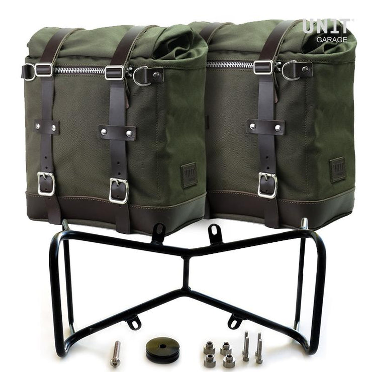 UNIT GARAGE TWO WAXED CANVAS SIDE PANNIERS SCRAM 22L-30L + SYMMETRICAL DOUBLE SUBFRAME NINET
