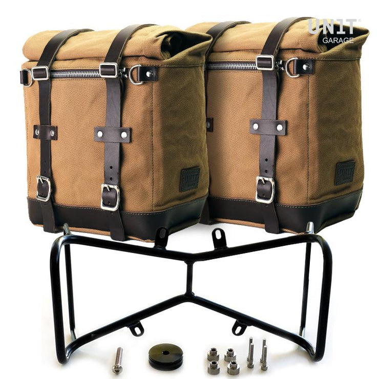 UNIT GARAGE TWO WAXED CANVAS SIDE PANNIERS SCRAM 22L-30L + SYMMETRICAL DOUBLE SUBFRAME NINET