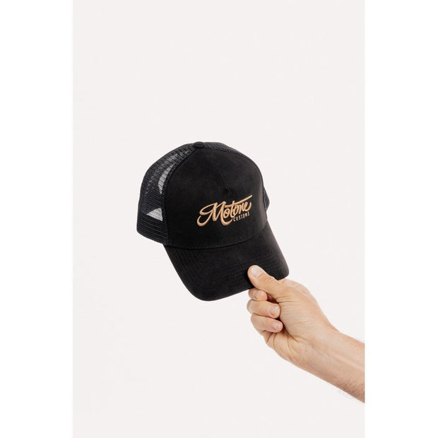 MOTONE GOLDIE TRUCKER CAP - CURVED PEAK - BLACK SUEDE - GOLD LOGO