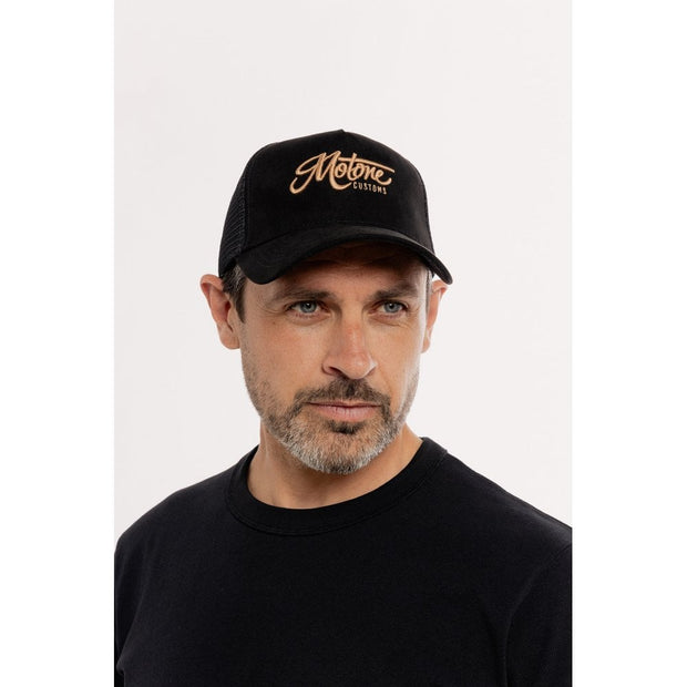 MOTONE GOLDIE TRUCKER CAP - CURVED PEAK - BLACK SUEDE - GOLD LOGO
