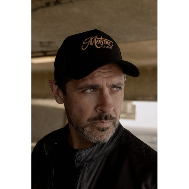 MOTONE GOLDIE TRUCKER CAP - CURVED PEAK - BLACK SUEDE - GOLD LOGO
