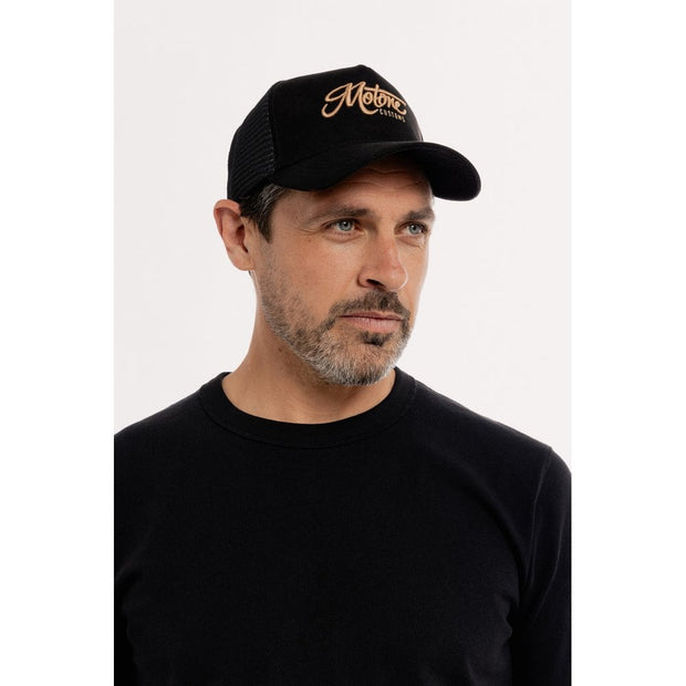 MOTONE GOLDIE TRUCKER CAP - CURVED PEAK - BLACK SUEDE - GOLD LOGO