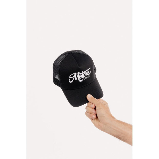 MOTONE OG TRUCKER CAP - CURVED PEAK - BLACK COTTON - WHITE LOGO