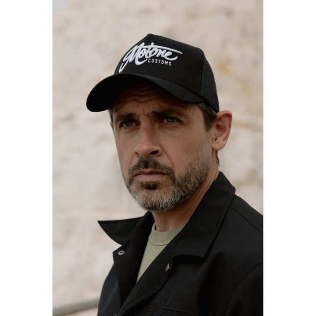 MOTONE OG TRUCKER CAP - CURVED PEAK - BLACK COTTON - WHITE LOGO