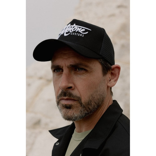 MOTONE OG TRUCKER CAP - CURVED PEAK - BLACK COTTON - WHITE LOGO