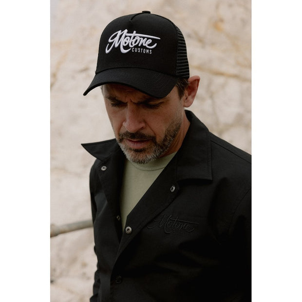 MOTONE OG TRUCKER CAP - CURVED PEAK - BLACK COTTON - WHITE LOGO