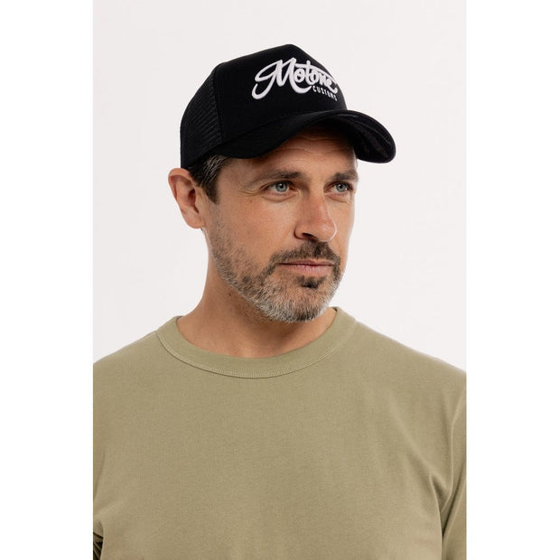 MOTONE OG TRUCKER CAP - CURVED PEAK - BLACK COTTON - WHITE LOGO