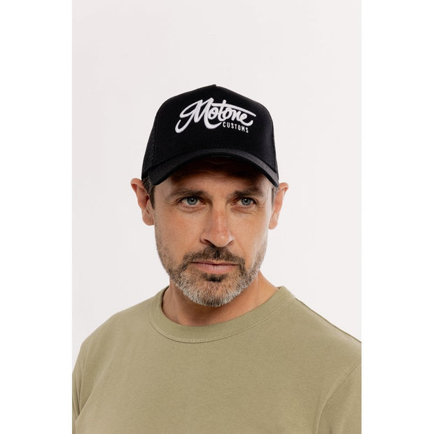 MOTONE OG TRUCKER CAP - CURVED PEAK - BLACK COTTON - WHITE LOGO