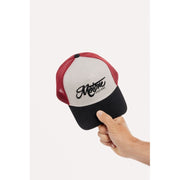 MOTONE RON BURGUNDY TRUCKER CAP - CURVED PEAK - GREY COTTON PANEL/RED MESH - BLACK LOGO