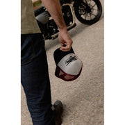 MOTONE RON BURGUNDY TRUCKER CAP - CURVED PEAK - GREY COTTON PANEL/RED MESH - BLACK LOGO