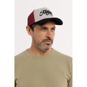 MOTONE RON BURGUNDY TRUCKER CAP - CURVED PEAK - GREY COTTON PANEL/RED MESH - BLACK LOGO