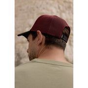 MOTONE RON BURGUNDY TRUCKER CAP - CURVED PEAK - GREY COTTON PANEL/RED MESH - BLACK LOGO