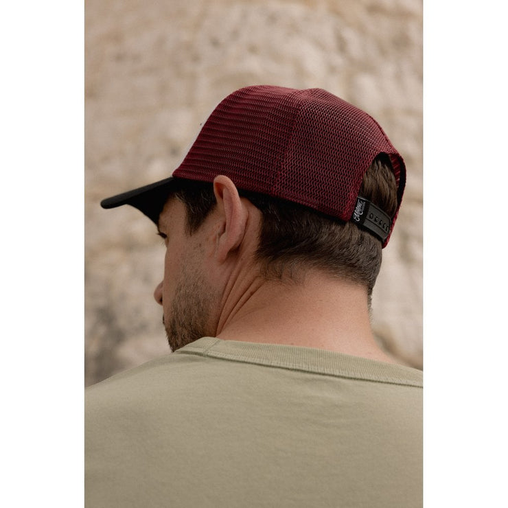 MOTONE RON BURGUNDY TRUCKER CAP - CURVED PEAK - GREY COTTON PANEL/RED MESH - BLACK LOGO