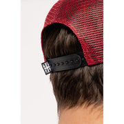 MOTONE RON BURGUNDY TRUCKER CAP - CURVED PEAK - GREY COTTON PANEL/RED MESH - BLACK LOGO