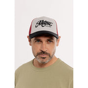 MOTONE RON BURGUNDY TRUCKER CAP - CURVED PEAK - GREY COTTON PANEL/RED MESH - BLACK LOGO