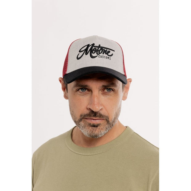 MOTONE RON BURGUNDY TRUCKER CAP - CURVED PEAK - GREY COTTON PANEL/RED MESH - BLACK LOGO