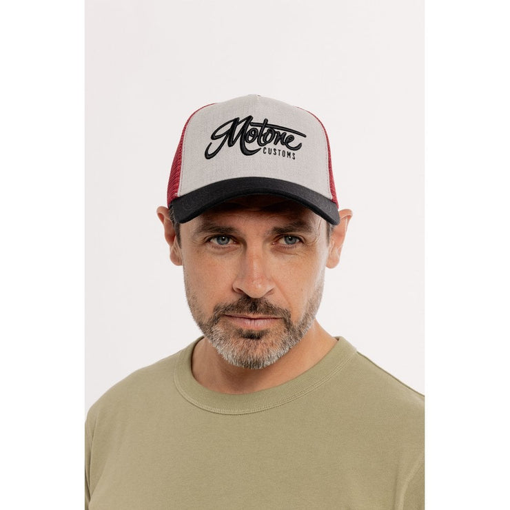 MOTONE RON BURGUNDY TRUCKER CAP - CURVED PEAK - GREY COTTON PANEL/RED MESH - BLACK LOGO